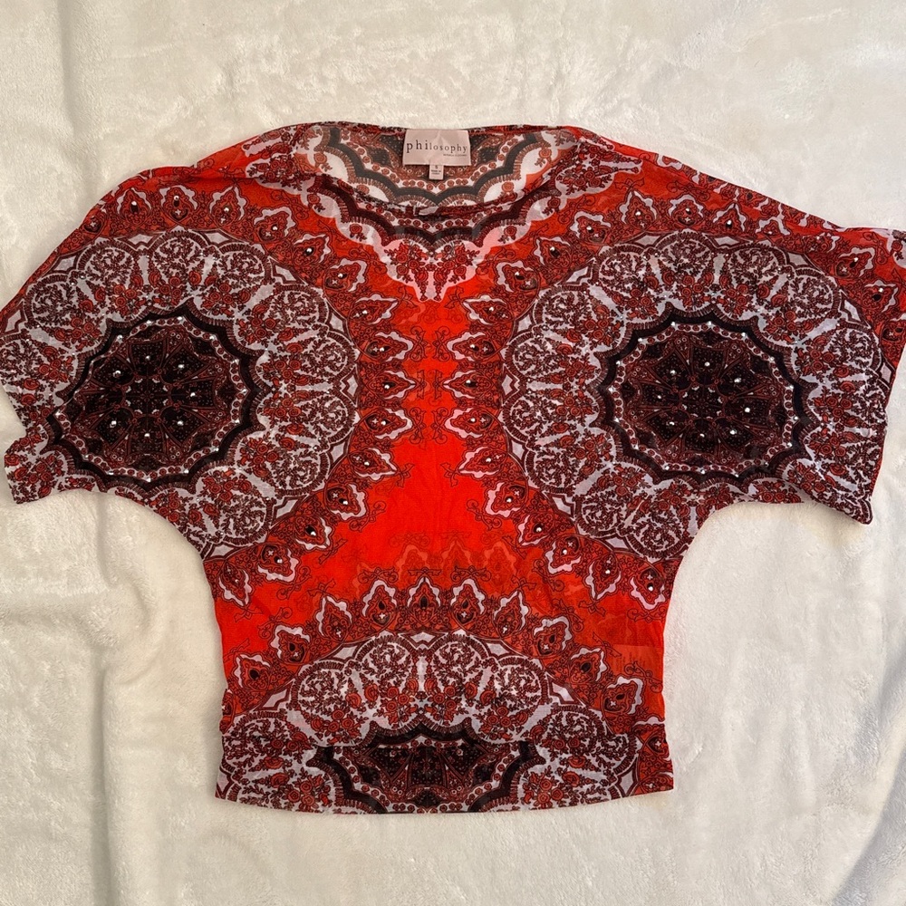 Philosophy Republic Mandala Print Top Small Red Boho Dolman Sheer